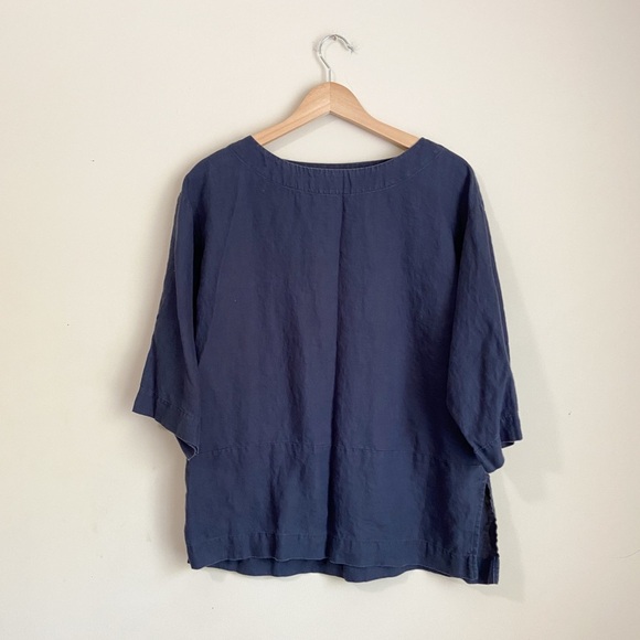 J. Jill Navy Linen 3/4 Sleeve Boxy Blouse - Picture 1 of 6
